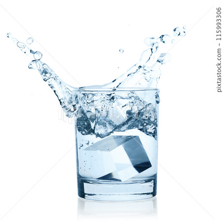Falling Ice Cubes into the Glass of Water with splash, isolated on white background Falling Ice Cubes into the Glass of Water with splash, isolated on white background 115993306