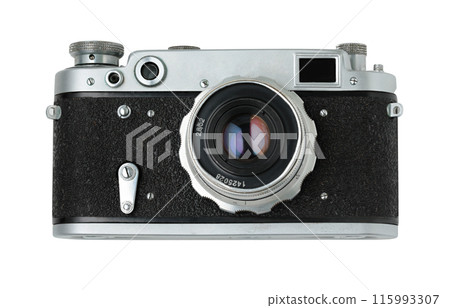 Retro photo camera isolated on white background, front view, retro things concept 115993307