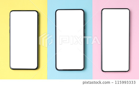 Mock-up of Smart Phones with blank screen, on yellow, turquoise and rose backgrounds 115993333