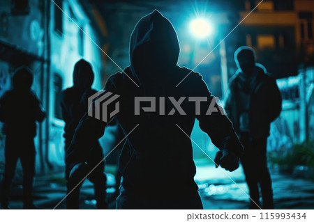 Dangerous criminal. Silhouette of bandits, criminals with an unrecognizable face in threatening pose at night on dark street. 115993434