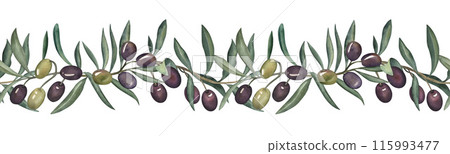 Olives, olive branch, green, purple, seamless border, olive oil, food, cooking, Greece. The illustration is painted in watercolor on a white background. For packaging design, postcards, invitations. 115993477