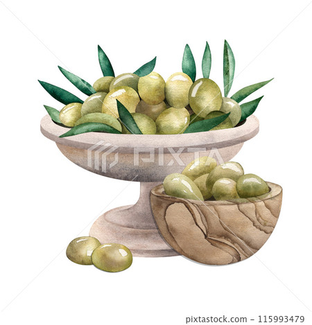 Olives, olive, wooden, metal, plate, olive fruits. The watercolor culinary illustration is made by hand in watercolor on a white background. For the design of cards, packaging, menu, cosmetic product. 115993479