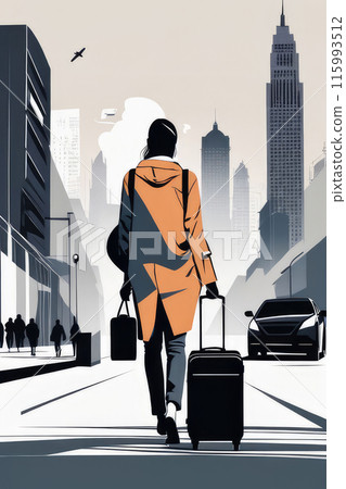 Traveler in with suitcase in urban setting. 115993512