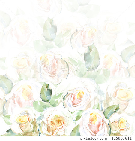 White roses with green leaves in collection garden flowers. Watercolor illustration for wedding floral design of bouquets, wreaths, arrangements, wedding invitations, anniversary, birthday, postcards 115993611