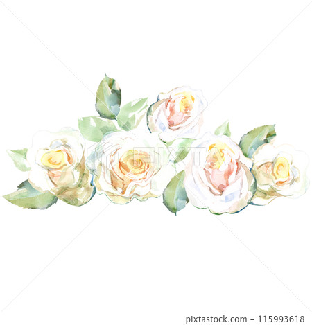 White roses with green leaves in collection garden flowers. Watercolor illustration for wedding floral design of bouquets, wreaths, arrangements, wedding invitations, anniversary, birthday, postcards 115993618