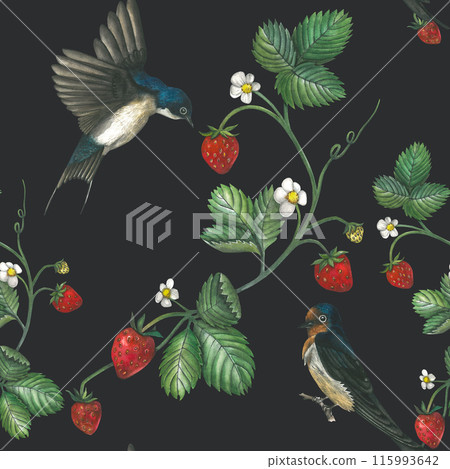 Watercolor pattern of illustrations of a swallow and a strawberry. Hand drawn, isolated on white background Watercolor pattern of illustrations of a swallow and a strawberry. Hand drawn, isolated on white background 115993642