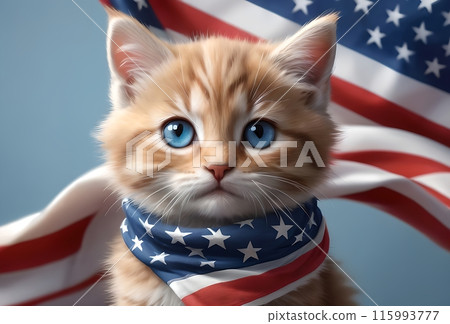 Cat with USA flag, patriotism concept, isolated on blue background 115993777