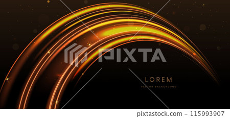 Abstract elegant gold glowing curve line with lighting effect sparkle on black background. Template premium award design. 115993907