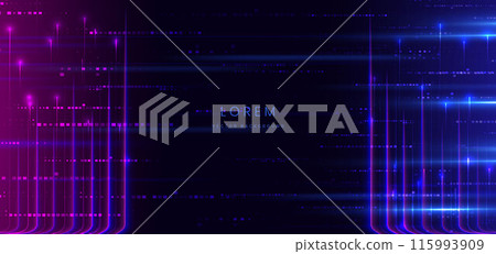 Abstract technology futuristic glowing neon blue and pink light lines with speed motion moving on dark blue background with lighting effect. 115993909