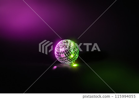 Disco ball on black background with green and purple neon light. Shiny sparkly minimalist party wallpaper Disco ball on black background with green and purple neon light. Shiny sparkly minimalist party wallpaper 115994055