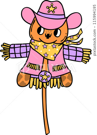 Groovy Western Cowboy scarecrow Halloween Retro Funky Cartoon Doodle 115994195