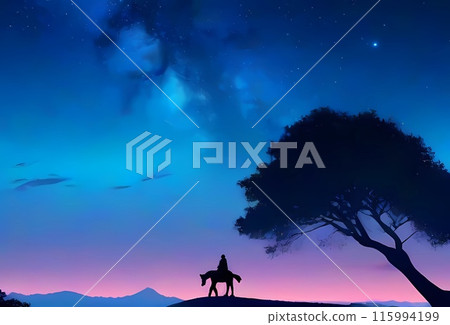 療癒系的形象：藍色和粉紅色漸變的世界樹和旅行者剪影 115994199