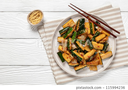 Japanese Hibachi Zucchini on a plate, top view 115994236