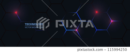 Dark hexagon abstract technology background with blue and red colored bright flashes 115994250