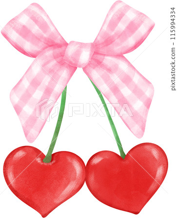 Retro Coquette Red Heart cherries with pink ribbon bow, aesthetic watercolor hand drawing 115994334