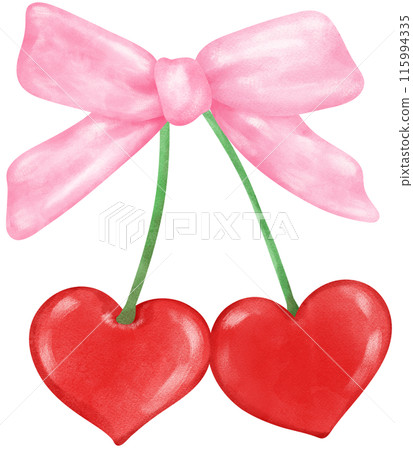 Retro Coquette Red Heart cherries with pink ribbon bow, aesthetic watercolor hand drawing 115994335