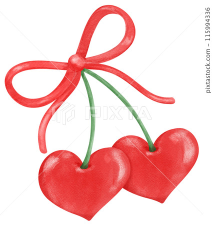 Retro Coquette Red Heart cherries with pink ribbon bow, aesthetic watercolor hand drawing 115994336