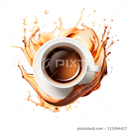 Coffee splash around white coffee cup, isolated on white background, coffee beverage concept 115994427