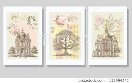 Set of posters. Baroque palaces and cupids. generative AI 115994441