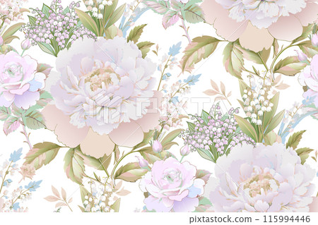 Victorian seamless floral pattern.  Suitable for fabric, wall paper, wrapping paper and the like generative. AI Victorian seamless floral pattern.  Suitable for fabric, wall paper, wrapping paper and the like generative. AI 115994446