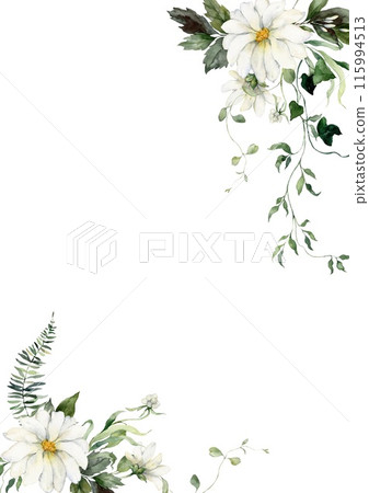 Watercolor floral vertical border featuring flowers, herbs and buds. Hand-drawn frame of a plant bouquet on a white background. An outdoor illustration for design, printing or fabric background. Watercolor floral vertical border featuring flowers, herbs and buds. Hand-drawn frame of a plant bouquet on a white background. An outdoor illustration for design, printing or fabric background. 115994513