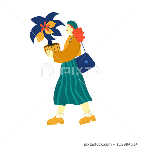 Woman Walking With Potted Lemon Tree 115994514