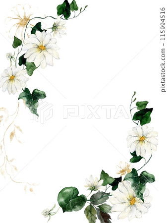 Watercolor floral vertical golden border featuring flowers, buds and herbs. Hand-drawn frame of a plant bouquet on a white background. An outdoor illustration for design, printing, fabric background. 115994516