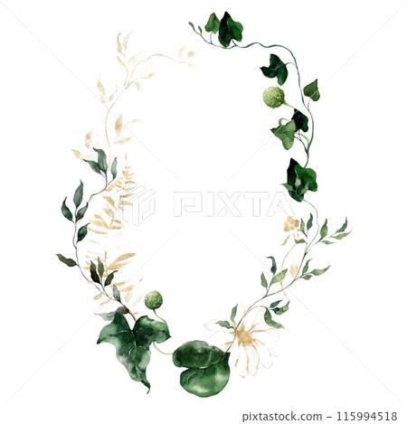 Watercolor floral oval frame featuring golden flowers, herbs and buds. Hand-drawn composition of a plant bouquet on a white background. An outdoor illustration for design, printing, fabric background. Watercolor floral oval frame featuring golden flowers, herbs and buds. Hand-drawn composition of a plant bouquet on a white background. An outdoor illustration for design, printing, fabric background. 115994518