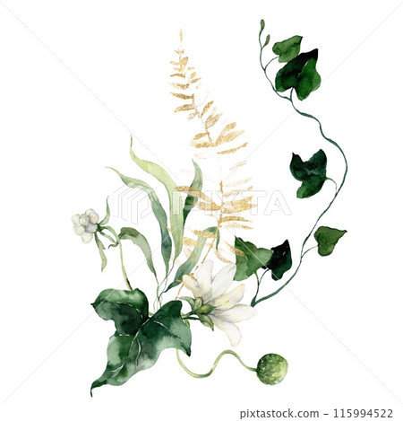 Watercolor floral card featuring gold buds, leaves, flowers. Hand-drawn composition of a plant bouquet on a white background. An outdoor illustration for design, printing or fabric background. Watercolor floral card featuring gold buds, leaves, flowers. Hand-drawn composition of a plant bouquet on a white background. An outdoor illustration for design, printing or fabric background. 115994522