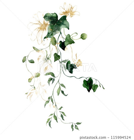 Watercolor floral card featuring gold flowers, buds, leaves. Hand-drawn composition of a plant bouquet on a white background. An outdoor illustration for design, printing or fabric background. 115994524
