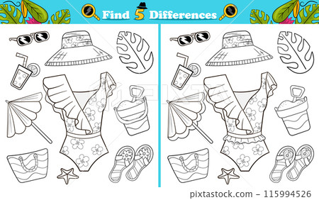 Coloring page find 5 differences game for children with summer themed objects Coloring page find 5 differences game for children with summer themed objects 115994526