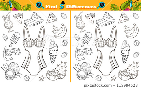 Black and white coloring page find 5 differences game for children with summer objets Black and white coloring page find 5 differences game for children with summer objets 115994528
