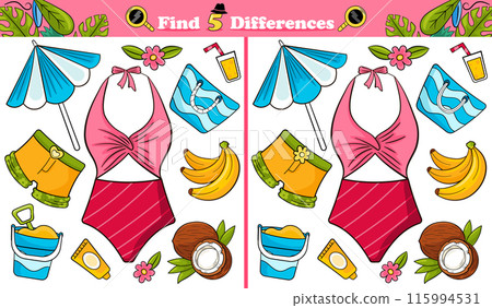 Find 5 differences game with pink beach swimwear 115994531