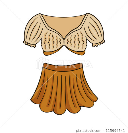 Cute summer woman outfit with lantern short sleeve top and skirt 115994541