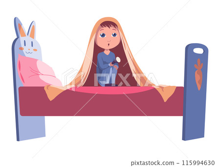 Childhood fears nightmares. Girl in room. Scared children sitting on bed under blanket. Cartoon character isolated on white background. Vector illustration Childhood fears nightmares. Girl in room. Scared children sitting on bed under blanket. Cartoon character isolated on white background. Vector illustration 115994630