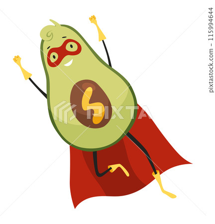 Avocado character with happy emotions. Cheerful vegetable person. Avocado super hero funny cartoon character. Vector flat illustration Avocado character with happy emotions. Cheerful vegetable person. Avocado super hero funny cartoon character. Vector flat illustration 115994644