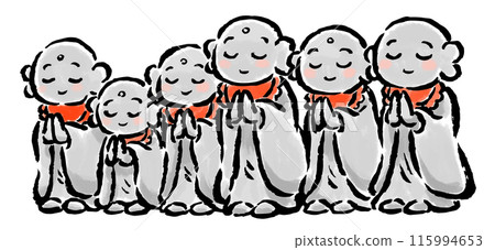 Jizo statues of various sizes lined up in a row - hand-drawn illustration 115994653