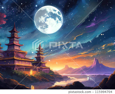 Game background: Opening-style panoramic image of a sky with a full moon and a castle in another world 115994704