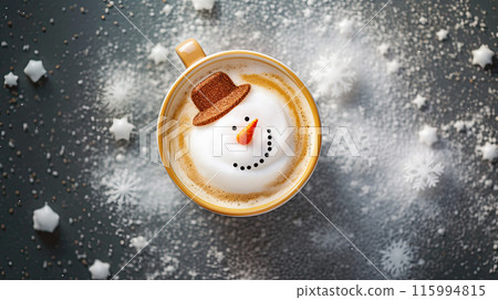 Cup of coffee with latte art, milk foam snowman illustration. Christmas coffee cup. Cozy atmosphere. Holiday background with copy space. Christmas and New Year cappuccino coffee. Cup of coffee with latte art, milk foam snowman illustration. Christmas coffee cup. Cozy atmosphere. Holiday background with copy space. Christmas and New Year cappuccino coffee. 115994815