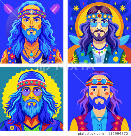 Set of hippie man retro bohemian long haired illustrations vector illustrations for your work logo, merchandise t-shirt, stickers and label designs, poster, greeting cards advertising business. genera 115994870