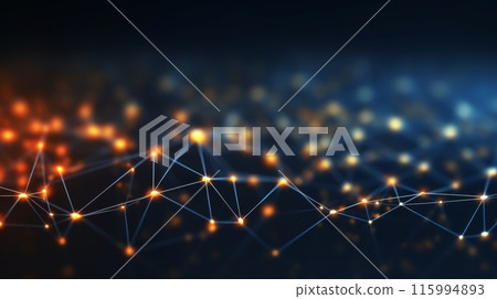 Abstract, high-tech structure symbolizing advanced technology, connectivity, and data flow. A visually striking depiction of a futuristic network with interconnected nodes glowing with vibrant lights 115994893
