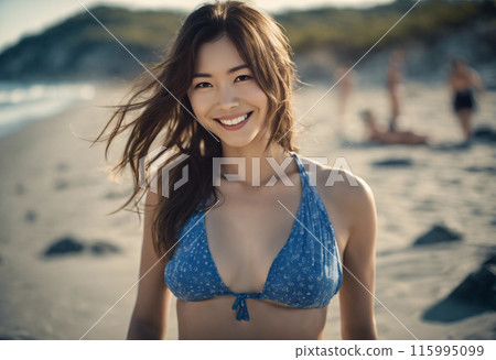 smiling woman on the beach 115995099