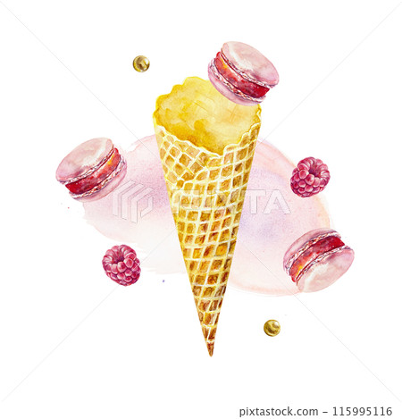 Macaron cake, ice cream cone, raspberry. Hand drawn watercolor illustration isolated on white background. For birthday cards, invitations, posters, labels, banners, covers. Macaron cake, ice cream cone, raspberry. Hand drawn watercolor illustration isolated on white background. For birthday cards, invitations, posters, labels, banners, covers. 115995116