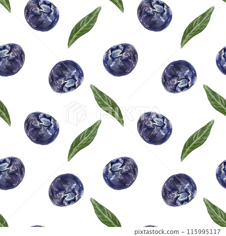 Blueberries seamless pattern. Berries and leaves. Hand drawn watercolor illustration isolated on white background. For food and cosmetic labels, textiles, packaging paper, covers. Blueberries seamless pattern. Berries and leaves. Hand drawn watercolor illustration isolated on white background. For food and cosmetic labels, textiles, packaging paper, covers. 115995117
