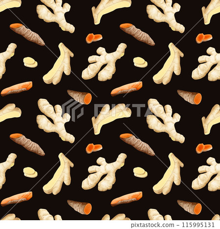 Watercolor ginger and turmeric roots with slices seamless pattern on dark brown background. Raw curcumin vegetables herb, hand drawn natural ingredients for cooking, organic tea and spices 115995131