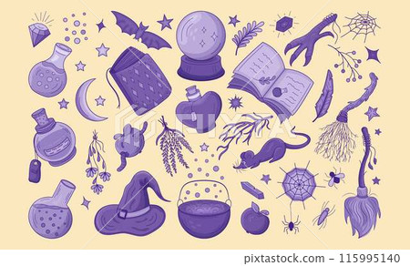 Set magic items doodle. Monotone purple Vector illustration. Objects witches, Halloween, esoteric. 115995140