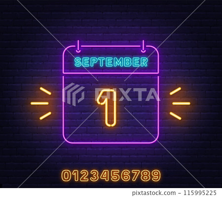 Neon Calendar Sign on brick wall background. 1 September text. 115995225