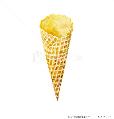 Ice cream waffle cone. Hand drawn watercolor illustration isolated on white background. For greeting cards, invitations, food and cosmetic labels, posters, banners. 115995228