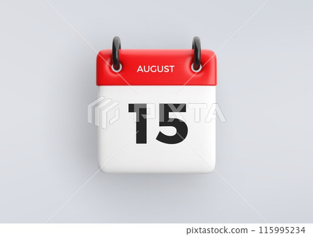 3D calendar icon with date 15 August on grey background. Vector schedule symbol. 3D calendar icon with date 15 August on grey background. Vector schedule symbol. 115995234