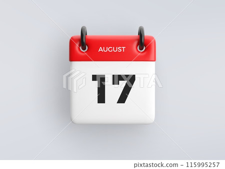 3D calendar icon with date 17 August on grey background. Vector schedule symbol. 3D calendar icon with date 17 August on grey background. Vector schedule symbol. 115995257